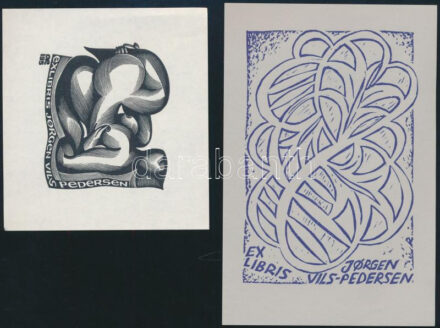 Ex libris Jorgen Wils Pedersen, 2 db, fametszet, linó, papír, jelzett
