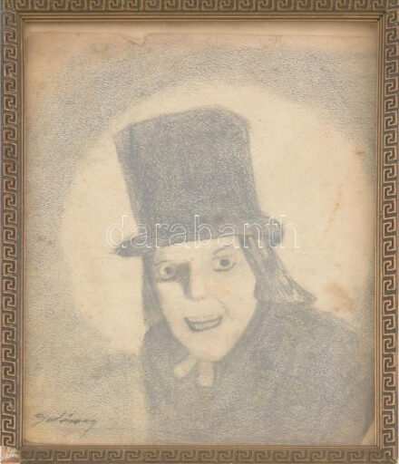Gulácsy jelzésset: Kalapos figura. Ceruza, papír. Üvegezett, sérült fakeretben. 21,5×17 cm.