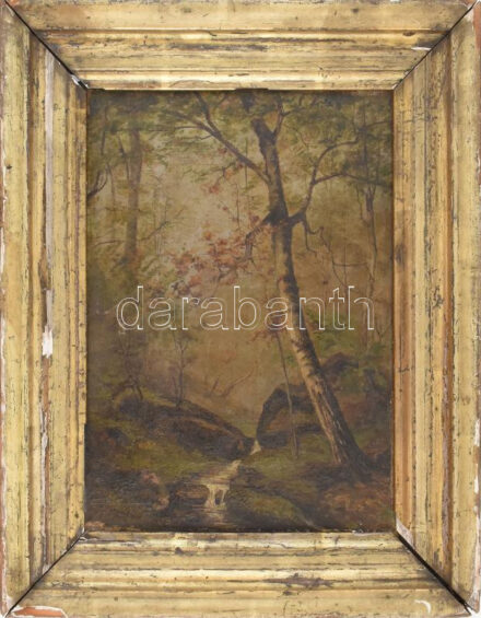 Jelzés nélkül, XIX. sz. vége: Erdei táj. Olaj. vászon, kissé sérült. Dekoratív, sérült fakeretben. 25x18 cm