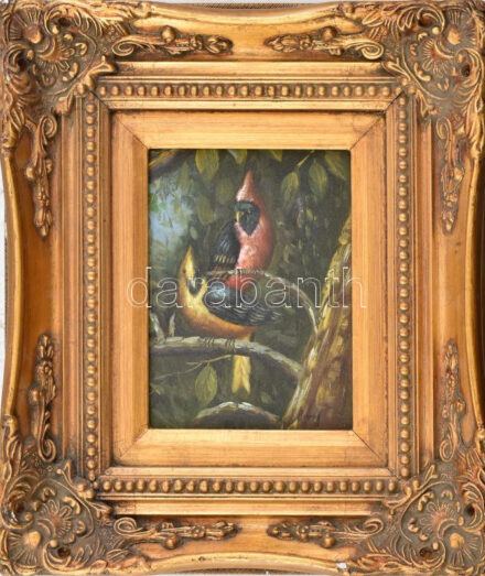 Olvashatatlan jelzéssel: Madarak. Olaj. vászon. Dekoratív, kissé sérült fakeretben. 20x15 cm