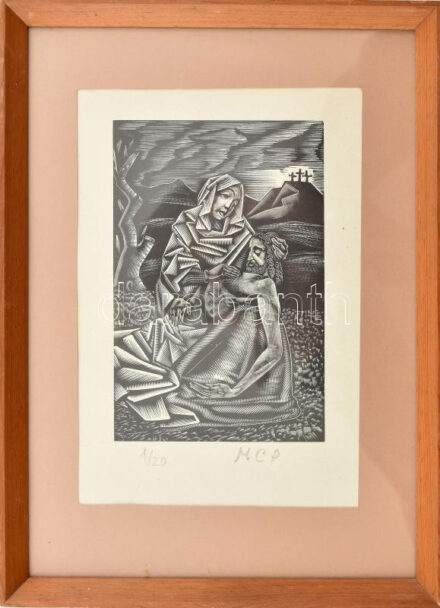 Molnár C. Pál (1894-1981): Siratás. Fametszet, papír, utólagos (?) jelzéssel. 1/20 számozással. Üvegezett fakeretben. 17x1 cm