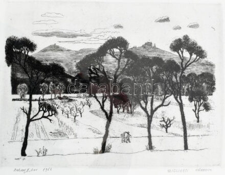 Duray Tibor (1912-1988): Szigligeti várrom. Rézkarc, papír, jelzett. Üvegezett keretben. 24x32,5 cm