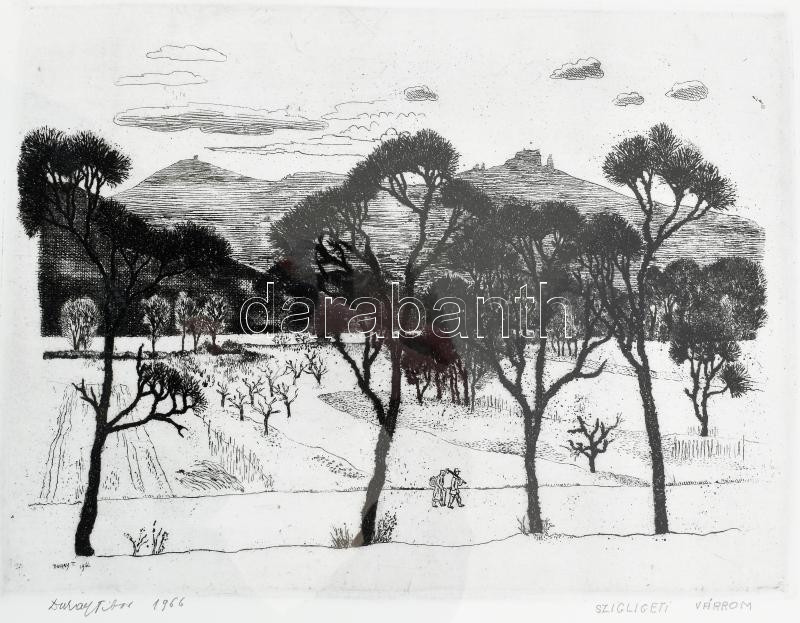 Duray Tibor (1912-1988): Szigligeti várrom. Rézkarc, papír, jelzett. Üvegezett keretben. 24x32,5 cm