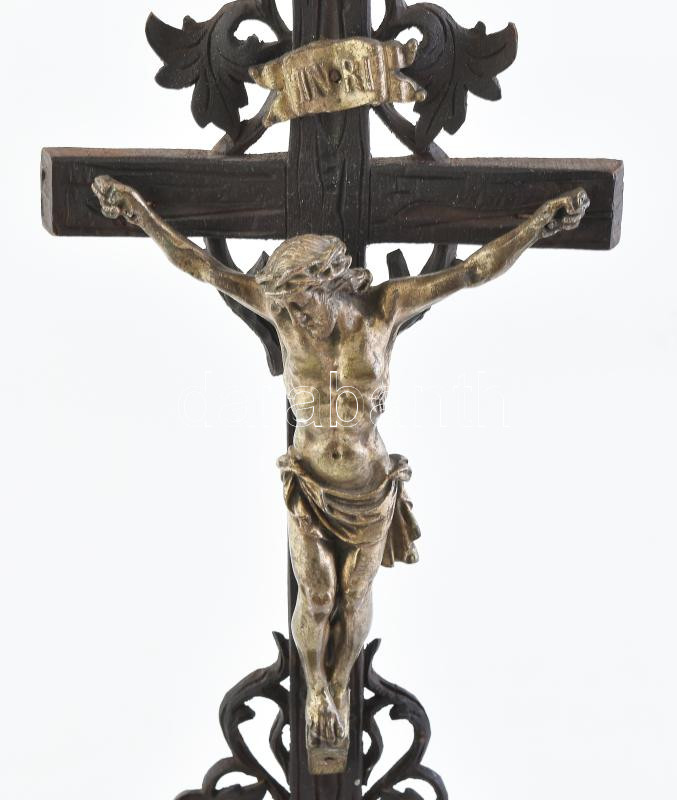 Antik fa feszület, fém korpusszal, kopott, m: 43 cm - Image 2