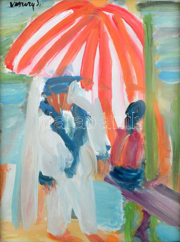 Vaszary jelzéssel: Napernyő alatt. Olaj, papír. Üvegezett fakeretben. 40x30 cm