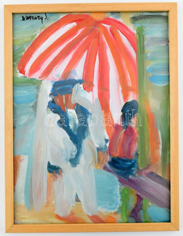 Vaszary jelzéssel: Napernyő alatt. Olaj, papír. Üvegezett fakeretben. 40x30 cm - Image 2