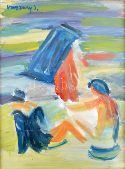 Vaszary jelzéssel: Strandolók. Olaj, papír. Üvegezett fakeretben. 40x30 cm