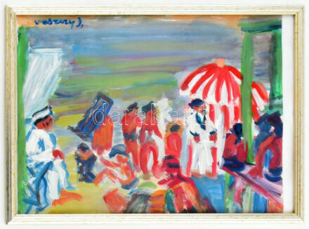 Vaszary jelzéssel: Strandon. Olaj, papír. Üvegezett fakeretben. 28x39 cm