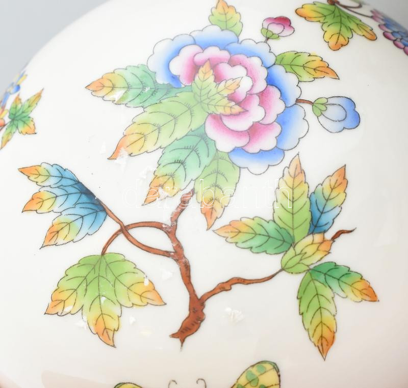 Herendi Viktória mintás bonbonniere. Kézzel festett, jelzett, kopott. d: 11,5 cm - Image 3