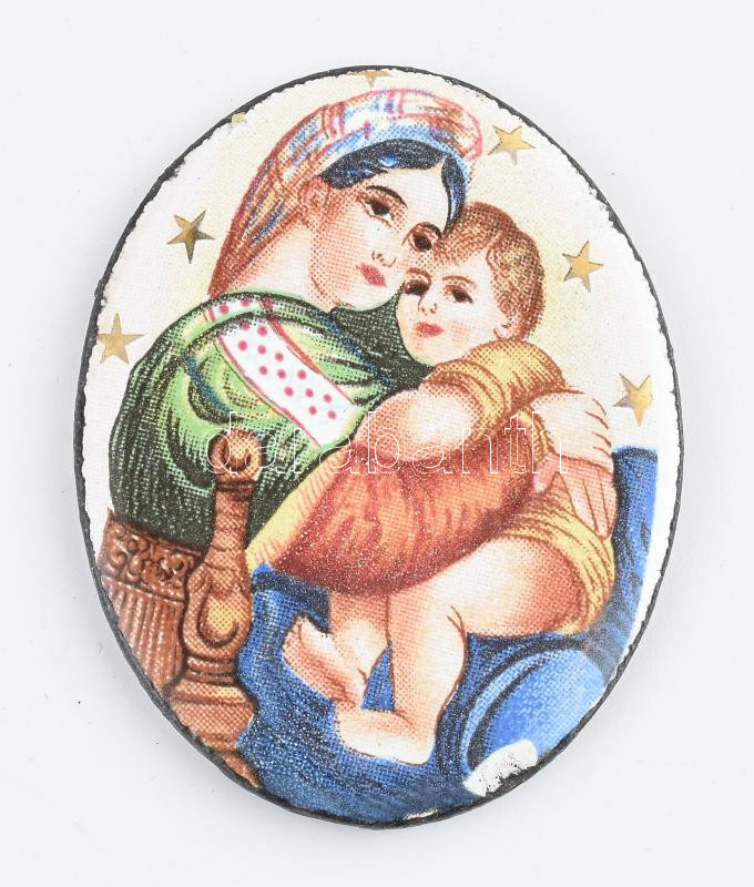 Antik Mária medalion, zománcozott fém, h: 4 cm