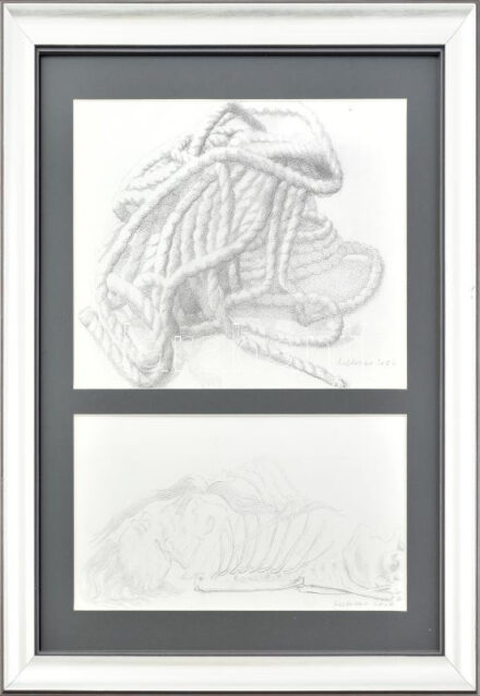 Melocco Miklós (1935): Kötél csomó - Memento Mori. Ceruza, papír, üvegezett keretben. 21 x 30 cm, 14 x 30 cmj.j.l.: Melocco 2004