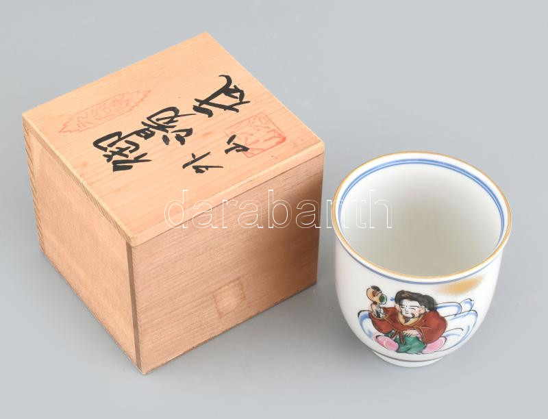 Kutani japán porcelán teás csésze, pecsétes fa dobozban. Kézzel festett, jelzett, hibátlan 8 cm - Image 2