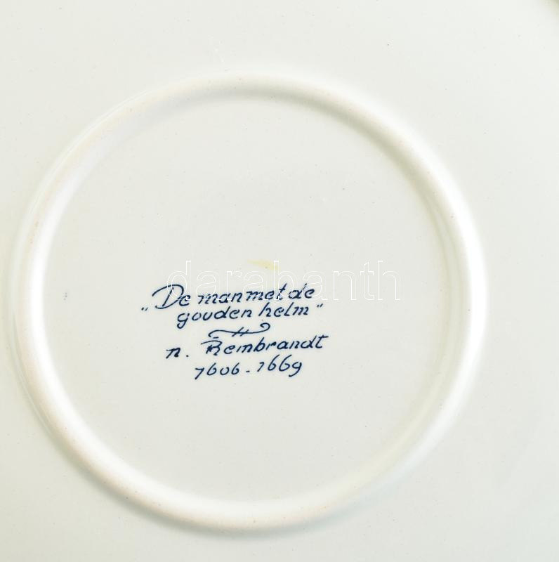 Delft - Rembrandt illusztrációval nagy méretű porcelán dísztál. Máz alatti kék festéssel, jelzett, hibátlan d: 30 cm - Image 2
