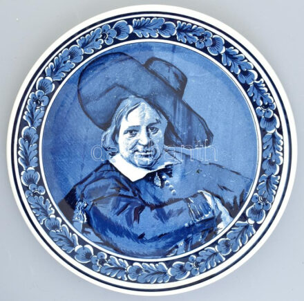 Delft - Franz Hals illusztrációval nagy méretű porcelán dísztál. Máz alatti kék festéssel, jelzett, hibátlan d: 30 cm