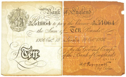Nagy-Britannia 1936. 10Ł a második világháborús 'Bernhard művelet' hamis bankjegye 'K176 51064', elszíneződés a teljes jobb oldalon, szokásos tűnyommal T:IV,V a bankjegy kettő darabban Great Britain 1936. 10 Pounds fake banknote of