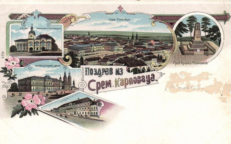 1899 Karlóca, Gymnasium, Art Nouveau, floral, litho (cut)