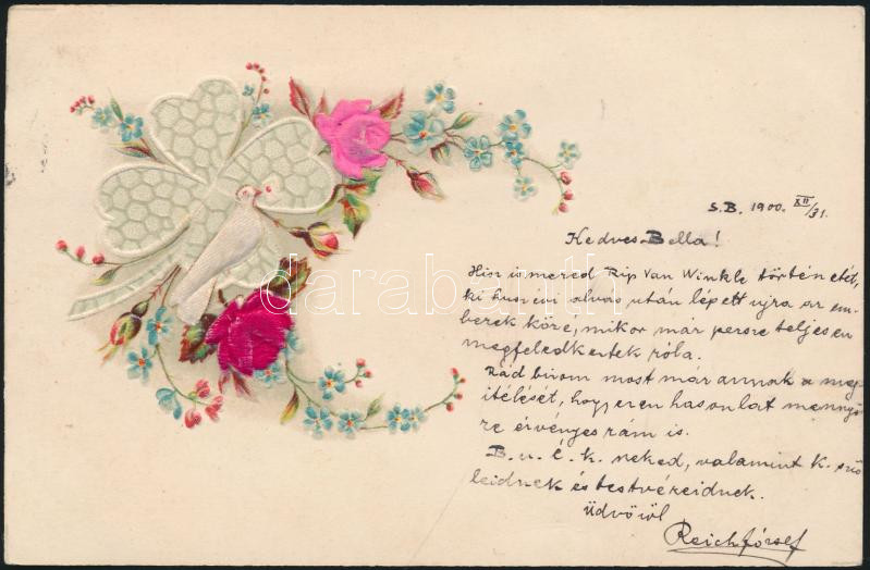 Bird, clover, flower, silk card, litho, Emb.