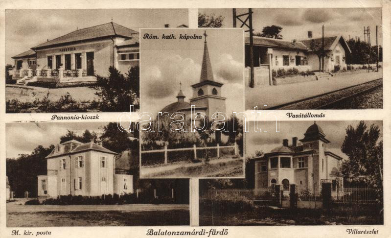 Zamárdi-fürdő, Pannónia kioszk, Római katolikus templom, Vasútállomás, Magyar királyi posta, villa (EK)