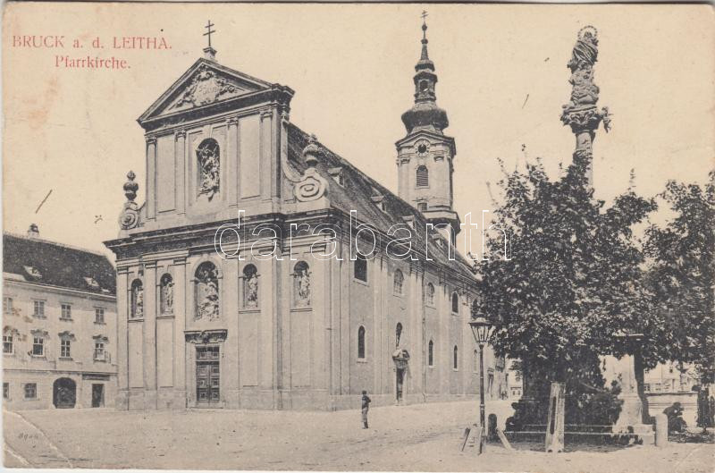 Lajtabruck, Bruck an der Leitha; templom, Szentháromság szobor / Pfarrkirche / church, Trinity statue (EB)