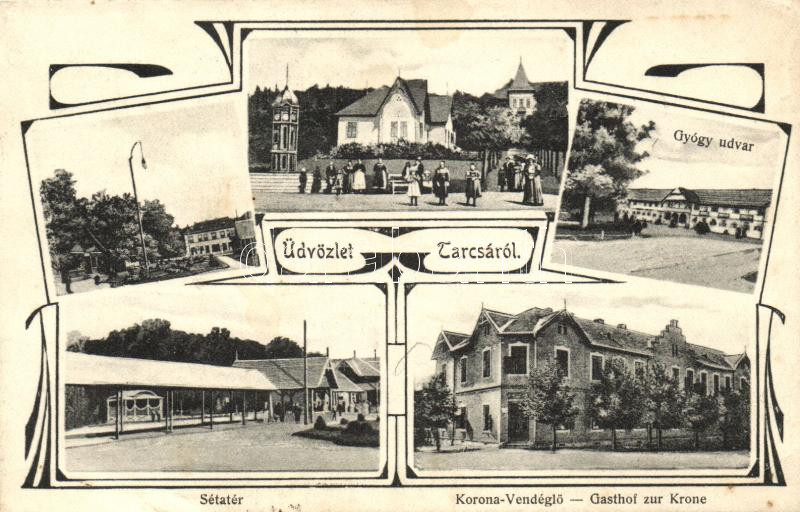 1909 Tarcsafürdő, Tarcsa, Bad Tatzmannsdorf; gyógyudvar, sétatér, Korona vendéglő / Gasthof zur Krone / spa, promenade, hotel and restaurant. Art Nouveau (EB)