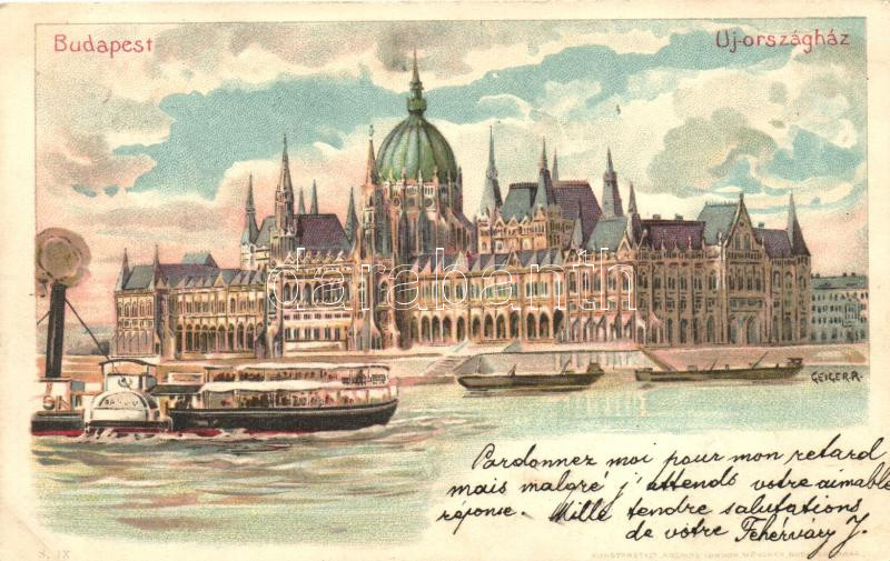 Budapest V. Új-Országház, gőzhajó, Kosmos litho s: Geiger R. (EK)
