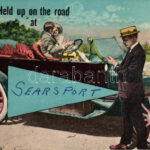 Held up on the road at Searsport; romantic early automobile-era postcard