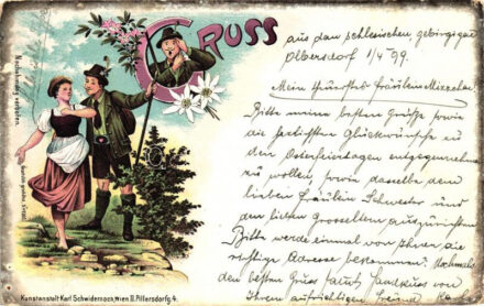 1899 Gruss aus den Bergen; Kunstanstalt Karl Schwidernoch / highlander folklore, litho (EK)