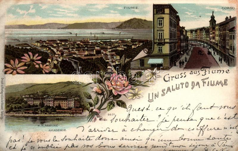1898 Fiume, Corso, K.k. Marine-Academy, floral litho (EK)