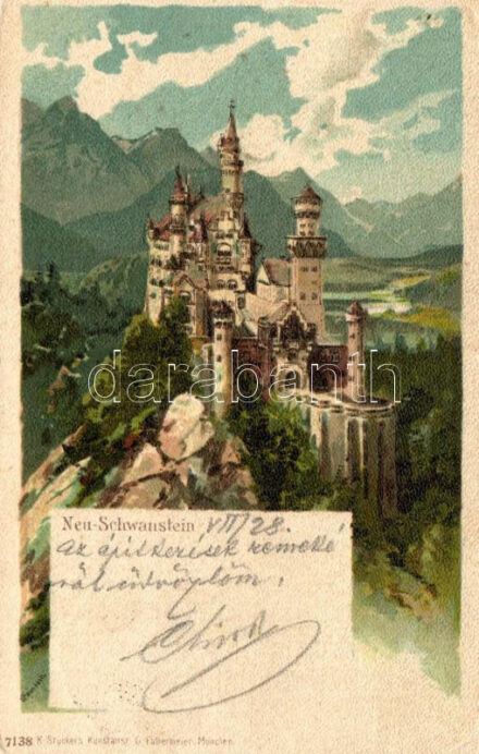 1899 Neuschwanstein, K. Stucker's Kunstanstalt, artist signed litho