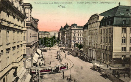 Vienna, Wien I. Schottengasse, Währingerstrasse, Wiener Bank-Verein / streets, bank, trams, Mitzko's restaurant