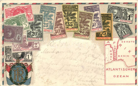 Dahomey, set of stamps, coat of arms, map, Ottmar Zieher's Carte Philatelique Nr. 98. Emb. litho (EK)