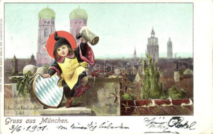 München, child with beer, coat of arms, Heliocolorkarte von Ottmar Zieher Emb. (EK)