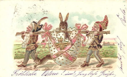 Húsvéti üdvözlet. Nyuszik törpékkel / Easter greeting art postcard. Dwarves with rabbit in egg; Golden decoration litho (EK)