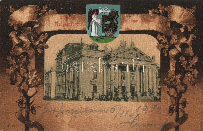 Nagyvárad, Oradea; Szigligeti színház, címer, kiadja Ifj. Berger Sámuel / theatre, coat of arms, litho (vágott / cut)