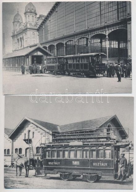 Budapest - 4 db MODERN megíratlan képeslap budapesti közlekedési eszközökről: földalatti villamosvasút motorkocsija, emeletes omnibusz, emeletes lóvasút, villamosvasút / 4 MODERN unused postcards of public means of transportation in