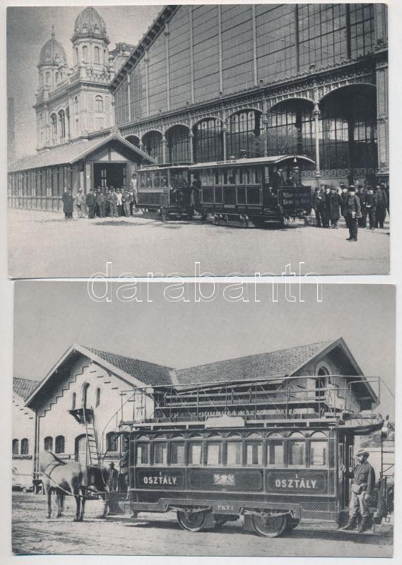 Budapest - 4 db MODERN megíratlan képeslap budapesti közlekedési eszközökről: földalatti villamosvasút motorkocsija, emeletes omnibusz, emeletes lóvasút, villamosvasút / 4 MODERN unused postcards of public means of transportation in