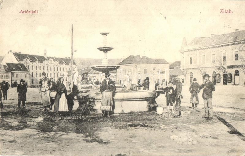 Zilah, Zalau; Artézi kút, üzletek, Seres Samu kiadása / fountain, shops (EK)