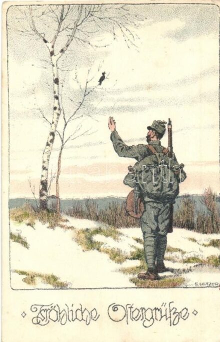 1917 Fröhliche Ostergrüße / WWI K.u.K. military Easter greeting card s: E. Kutzer + M. kir. 304. honv. hegyi gyalog távbeszélő osztag parancsnokság (EK)