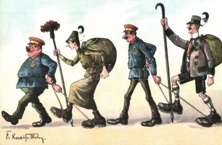 Humorous hiking art postcard. Heliocolorkarte von Ottmar Zieher s: Kneip