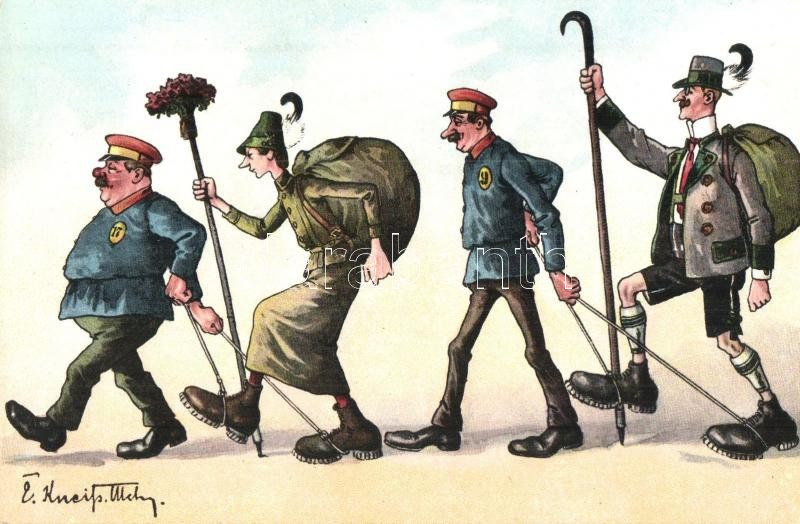 Humorous hiking art postcard. Heliocolorkarte von Ottmar Zieher s: Kneip
