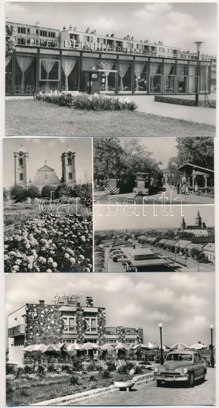 Gyöngyös, FMSZ-i szőlőskert autócsárda, Olimpia étterem és presszó, kórház - 4 db MODERN fekete-fehér képeslap / 4 modern postcards