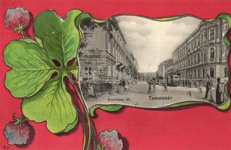 Temesvár, Timisoara; Andrássy út, villamos, lóherés litho művészlap, Uhrmann Henrik kiadása / street view, tram, clover litho art postcard