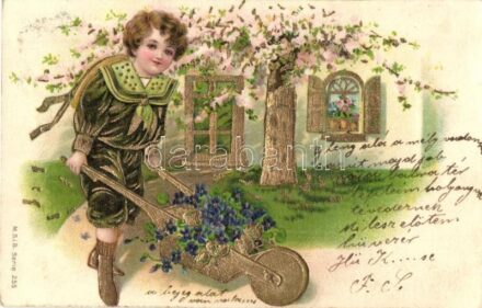 Golden floral greeting card, M.S.i.B. Serie 255. Emb. litho (Rb)