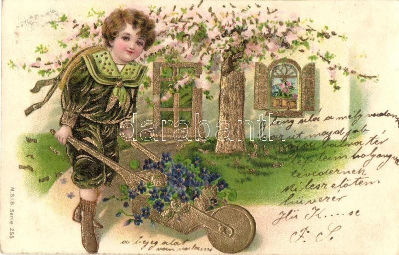 Golden floral greeting card, M.S.i.B. Serie 255. Emb. litho (Rb)