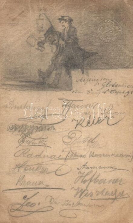 Részeg férfiak, saját kézzel rajzolt humoros művészlap / Drunk men. Hand-written humorous art postcard (fa)