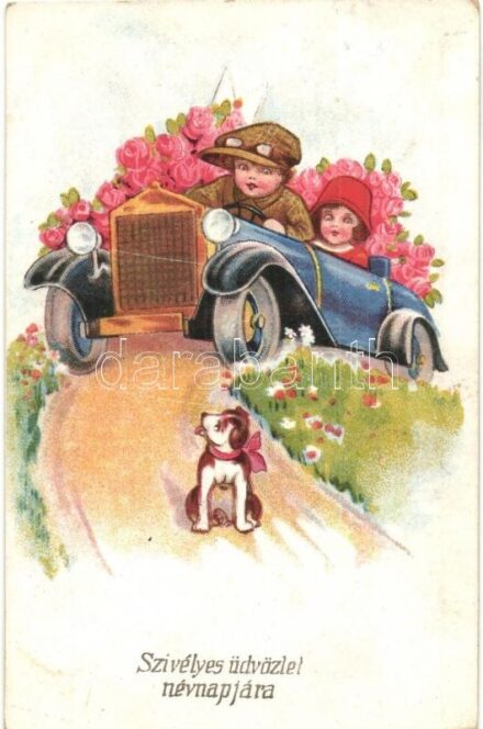 Szívélyes üdvözlet névnapjára / Name Day greeting card, children in automobile, litho