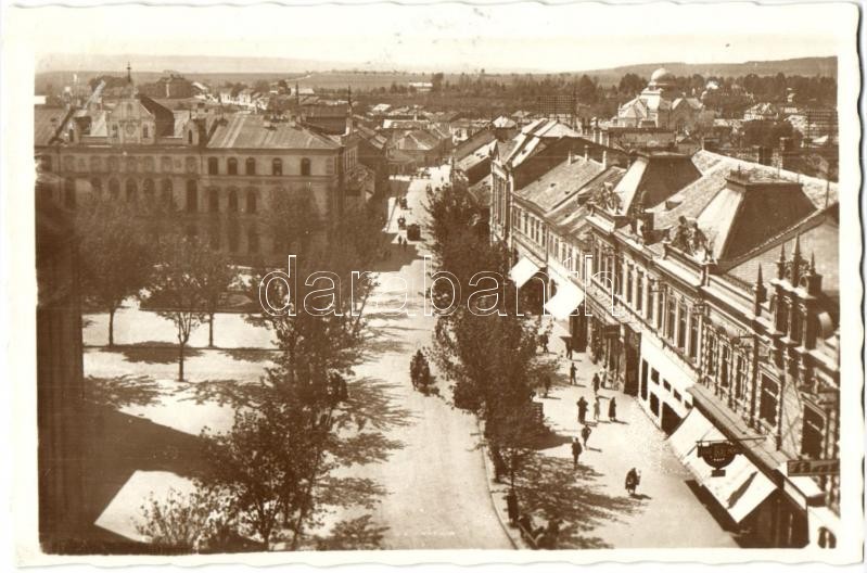 Losonc, Lucenec; látkép, zsinagóga, üzletek / general view, synagogue, shops + 1938 Losonc visszatért So. Stpl.