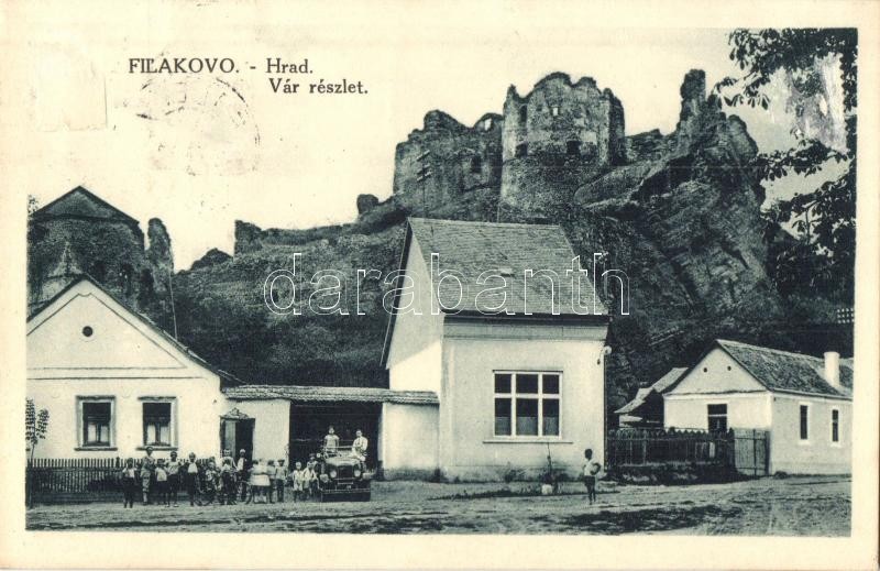 Fülek, Filakovo; Hrad / vár, automobil. Cáha József kiadása / castle, automobile (ragasztónyom / glue mark)