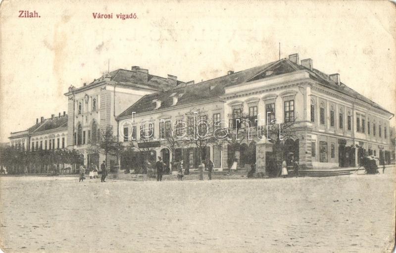 Zilah, Zalau; Városi vigadó, Barta Károly üzlete, kávéház. Takáts Miklós kiadása / restaurant, shops, café (fl)