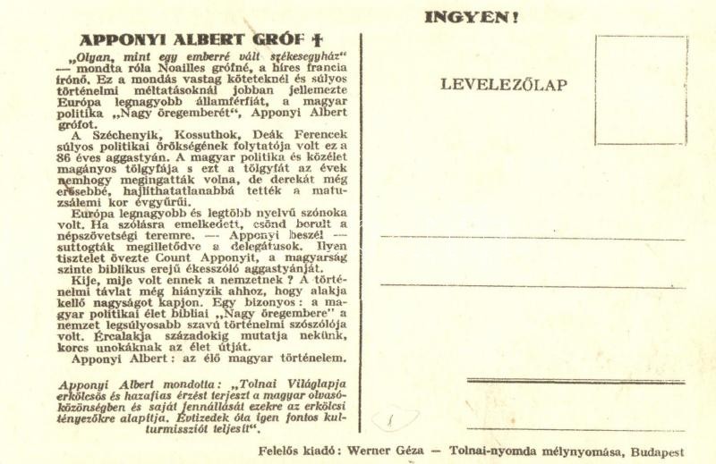 Gróf Apponyi Albert gyászlapja. Tolnai Világlapja emléke a nemzeti gyász alkalmából. Székely Aladár felvétele, hátoldalon információ / obituary card of Albert Apponyi (EK) - Image 2